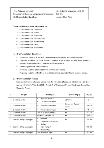 These guidelines contain information on: 1. Oral Presentation Objectives 2. Oral Presentation