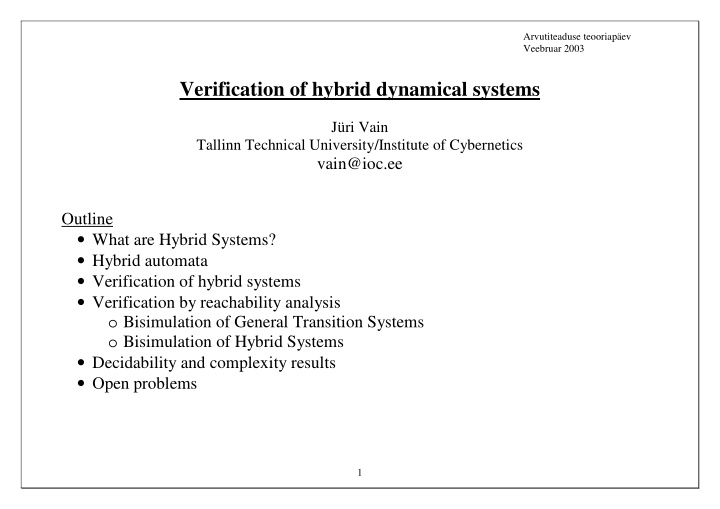 verification of hybrid dynamical systems