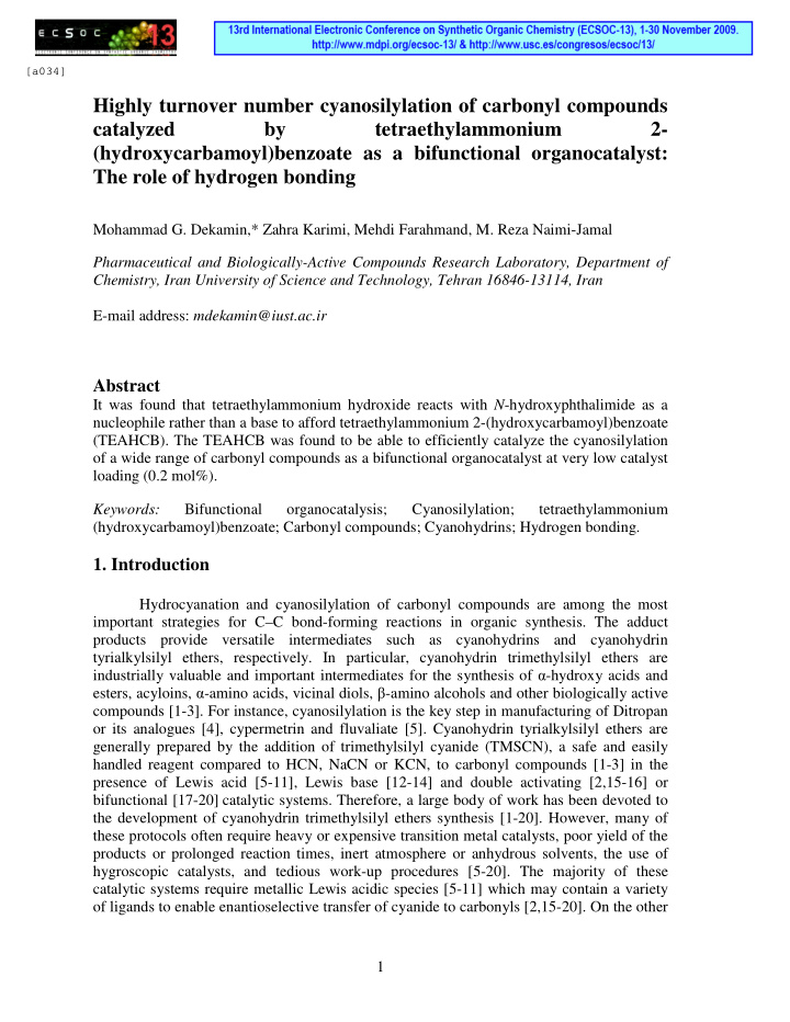 highly turnover number cyanosilylation of carbonyl