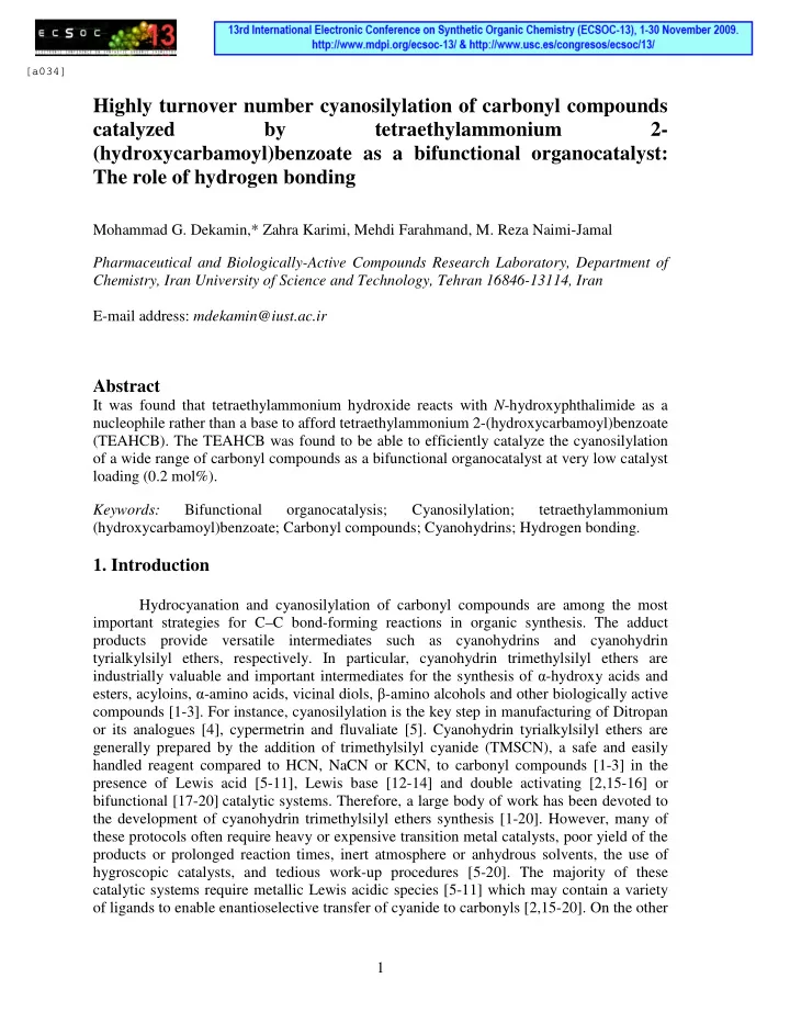 highly turnover number cyanosilylation of carbonyl