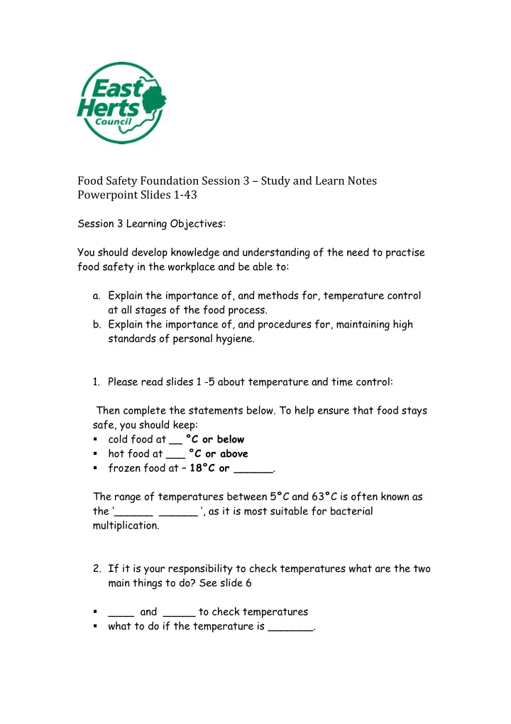 food safety foundation session 3 study and learn notes