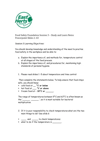 Food Safety Foundation Session 3  Study and Learn Notes  Powerpoint Slides 1-43  Session 3