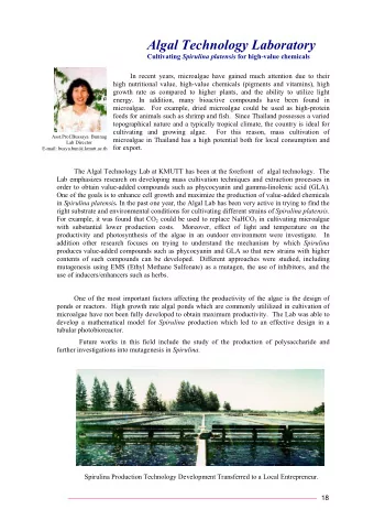 Algal Technology Laboratory Cultivating Spirulina platensis for high-value chemicals  In recent