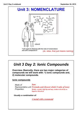 Unit 3: NOMENCLATURE  (ok, relax, that just means naming)  Unit 3 Day 2: Ionic Compounds