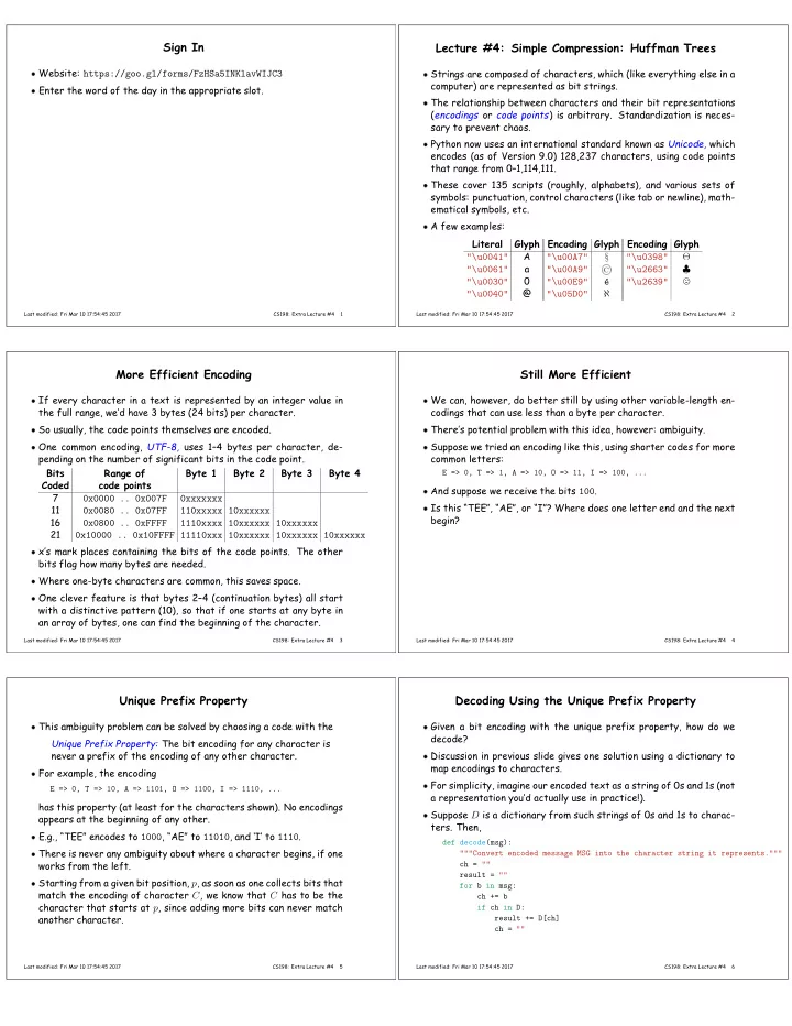 sign in lecture 4 simple compression huffman trees