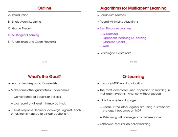 outline algorithms for multiagent learning