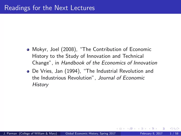 readings for the next lectures