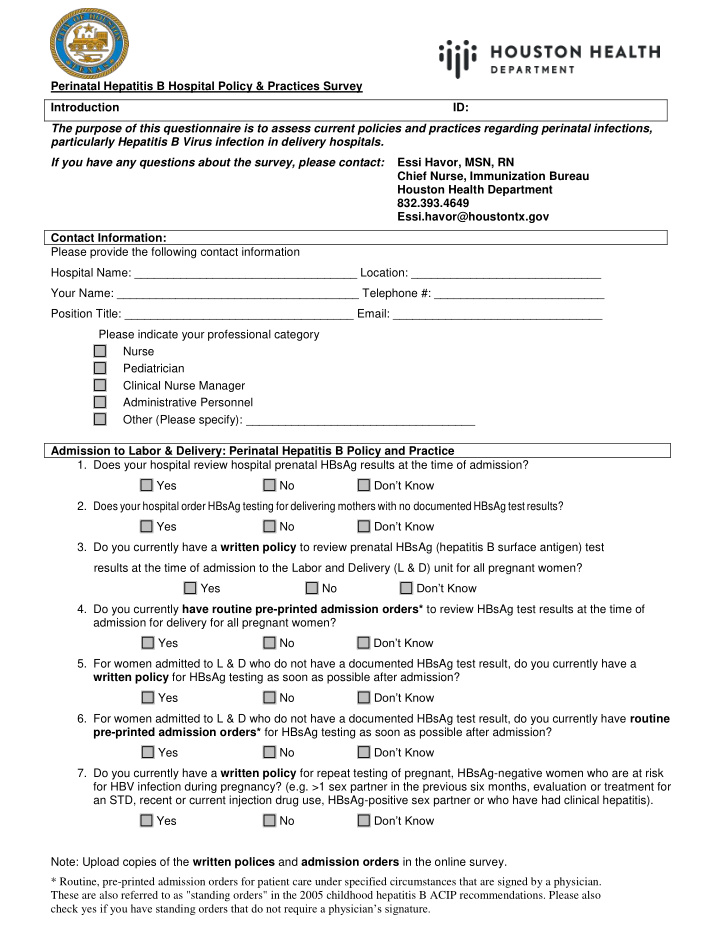 perinatal hepatitis b hospital policy practices survey