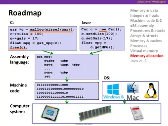 Roadmap  Integers &amp; floats  Machine code &amp; C  C:  Java:  x86 assembly  Car c = new Car();