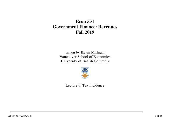 econ 551 government finance revenues fall 2019