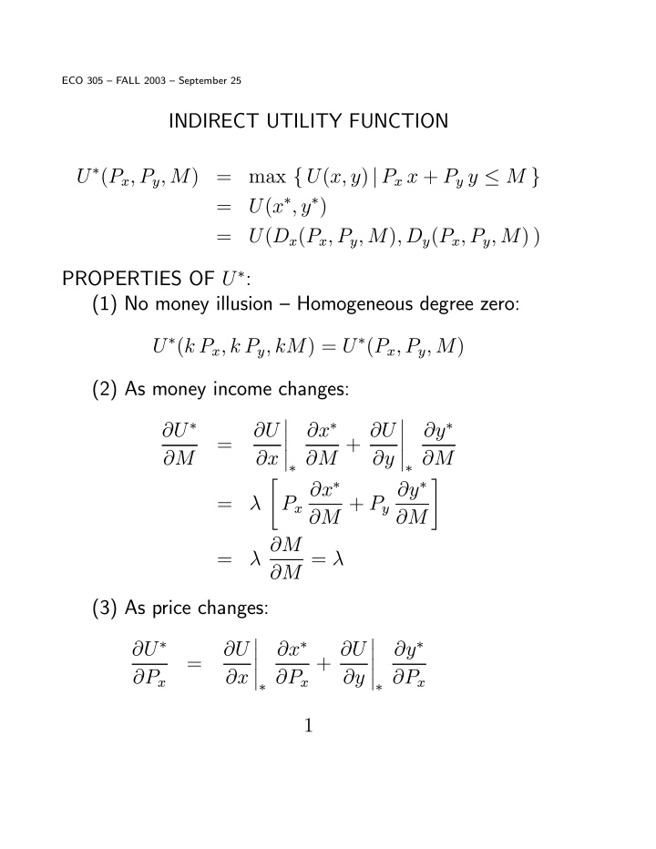 indirect utility function u p x p y m max u x y p x x p y
