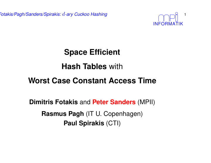 space efficient hash tables with worst case constant