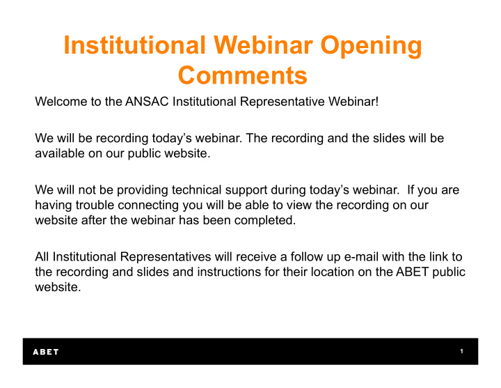 institutional webinar opening comments