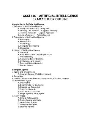 CSCI 446  ARTIFICIAL INTELLIGENCE EXAM 1 STUDY OUTLINE Introduction to Artificial Intelligence
