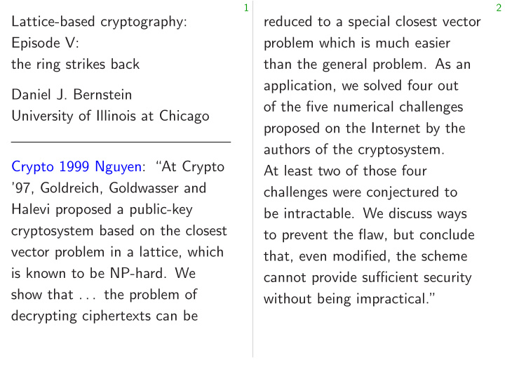 lattice based cryptography reduced to a special closest