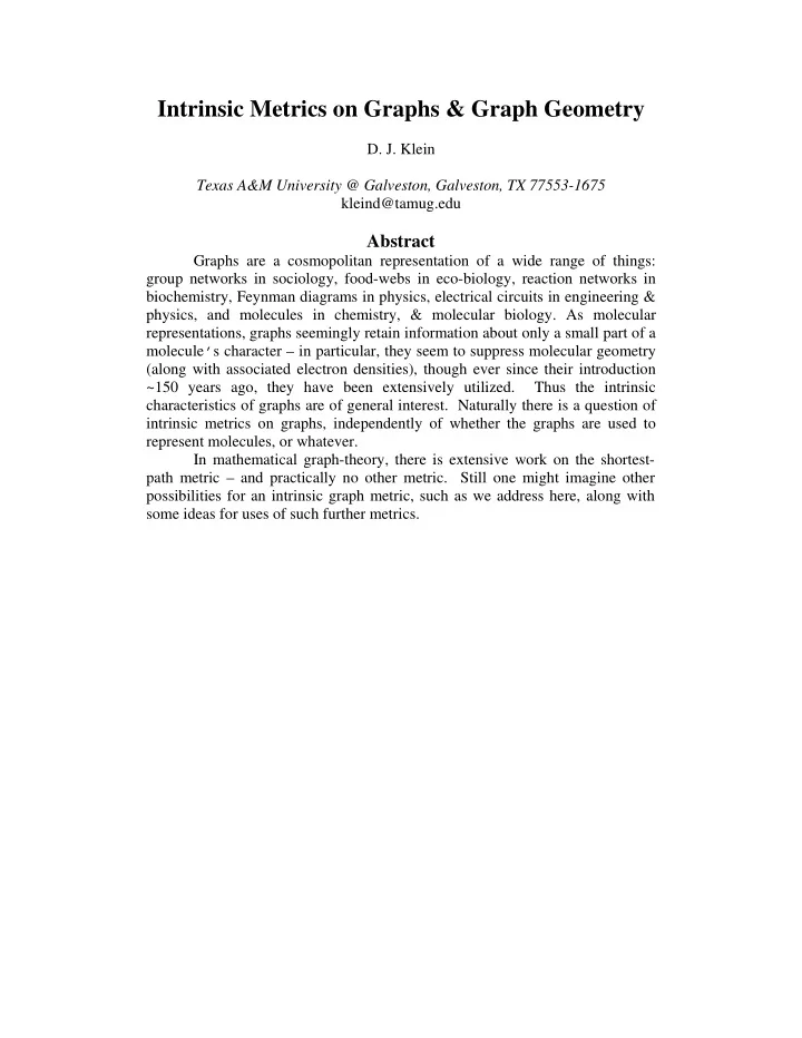 intrinsic metrics on graphs graph geometry