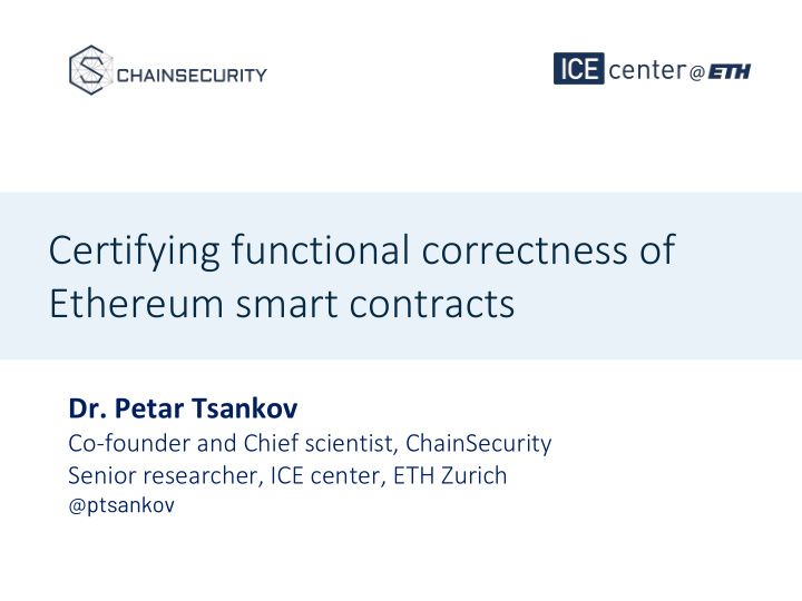 certifying functional correctness of ethereum smart