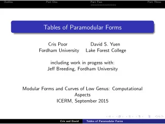 Tables of Paramodular Forms  Cris Poor  David S. Yuen  Fordham University  Lake Forest College
