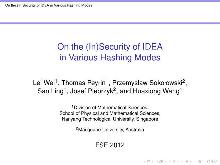 on the in security of idea in various hashing modes