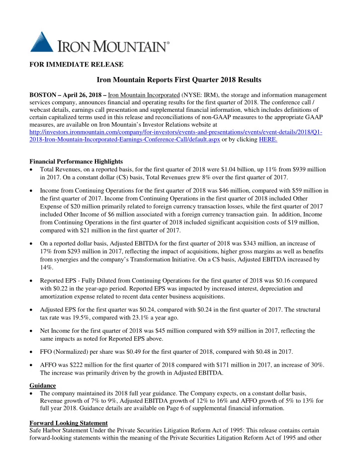 iron mountain reports first quarter 2018 results
