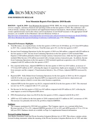 Iron Mountain Reports First Quarter 2018 Results BOSTON  April 26, 2018  Iron Mountain