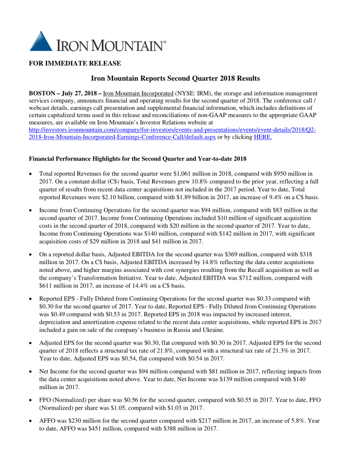 iron mountain reports second quarter 2018 results