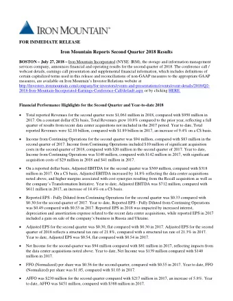 Iron Mountain Reports Second Quarter 2018 Results BOSTON  July 27, 2018  Iron Mountain