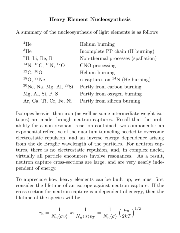 heavy element nucleosynthesis a summary of the