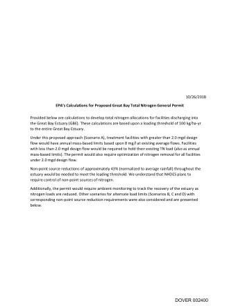 Provided below are calculations to develop total nitrogen allocations for facilities discharging