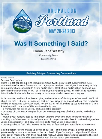 Was It Something I Said?  Emma Jane Westby  Community Track  May 22, 2013  Building Bridges,