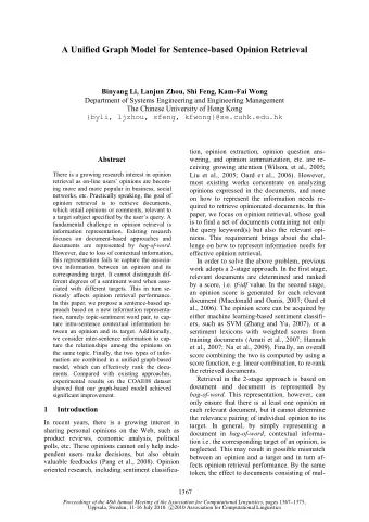 A Unified Graph Model for Sentence-based Opinion Retrieval  Binyang Li, Lanjun Zhou, Shi Feng,