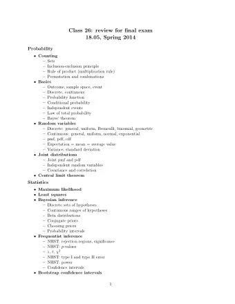 Class 26: review for final exam  18.05, Spring 2014  Probability  Counting  Sets