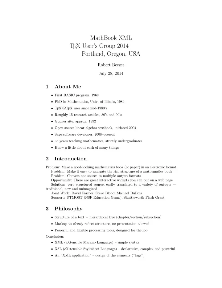 mathbook xml t ex user s group 2014 portland oregon usa