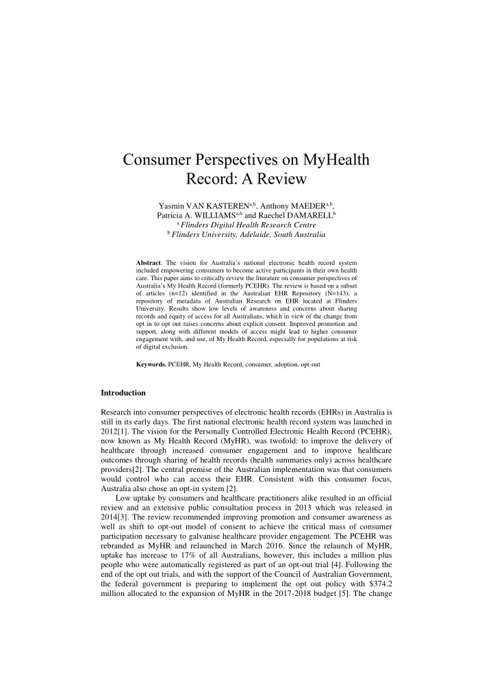 consumer perspectives on myhealth record a review