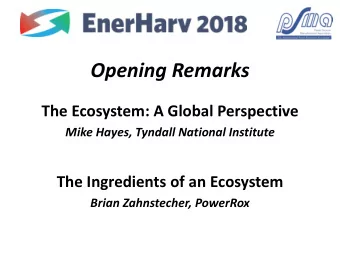 Opening Remarks  The Ecosystem: A Global Perspective  Mike Hayes, Tyndall National Institute  The