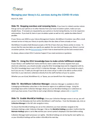 Managing your l ibrarys ILL services during the COVID -19 crisis  March 24, 2020 Slide 70: