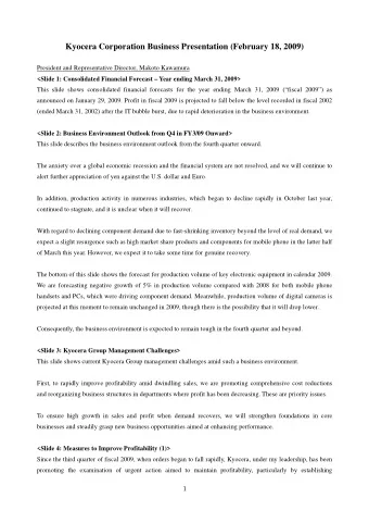 Kyocera Corporation Business Presentation (February 18, 2009) President and Representative