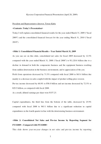 Kyocera Corporation Financial Presentation (April 28, 2009)  President and Representative director,