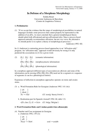 In Defense of a Morphous Morphology  Eullia Bonet  Universitat Autnoma de Barcelona  (Centre de