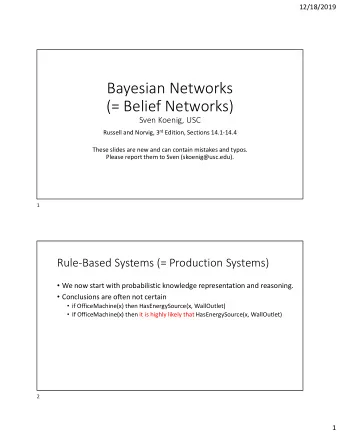 Bayesian Networks  (= Belief Networks)  Sven Koenig, USC Russell and Norvig, 3 rd Edition, Sections