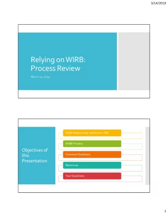 Relying on WIRB: Process Review March 14, 2019 WIRB Relationship with Emory IRB WIRB Process