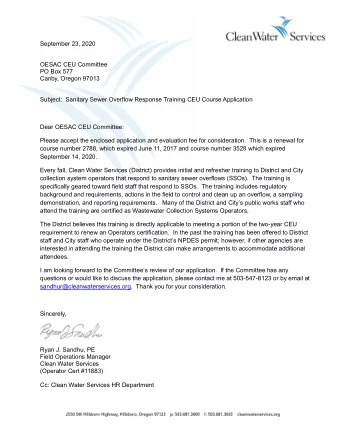 September 23, 2020 OESAC CEU Committee PO Box 577 Canby, Oregon 97013 Subject:  Sanitary Sewer
