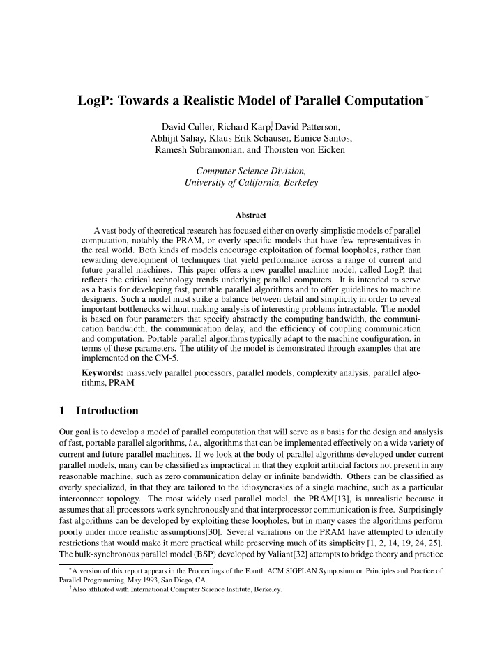 logp towards a realistic model of parallel computation