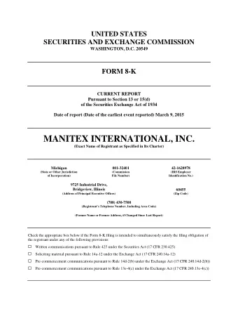 MANITEX INTERNATIONAL, INC. (Exact Name of Registrant as Specified in Its Charter) Michigan