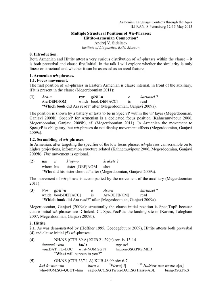 multiple structural positions of wh phrases hittite