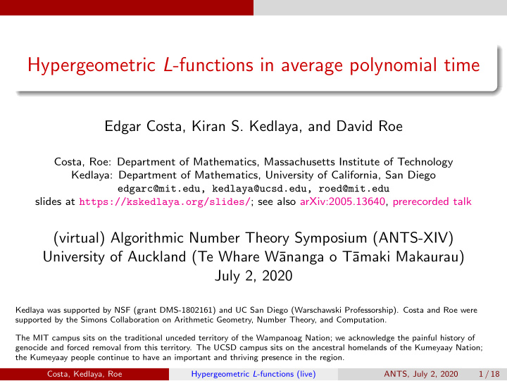 hypergeometric l functions in average polynomial time