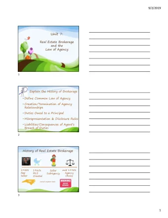 Unit 7:  Real Estate Brokerage  and the  Law of Agency  1  Explain the History of Brokerage