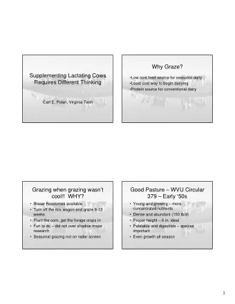 Why Graze?  Supplementing Lactating Cows  Low cost feed source for seasonal dairy  Requires