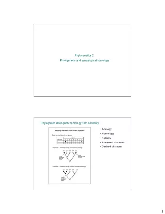 1  Homology: similarity among two or more individuals or lineages in  a feature/character, or