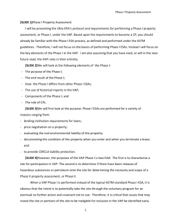 Phase I Property Assessment [SLIDE 1] Phase I Property Assessment I will be presenting the Ohio